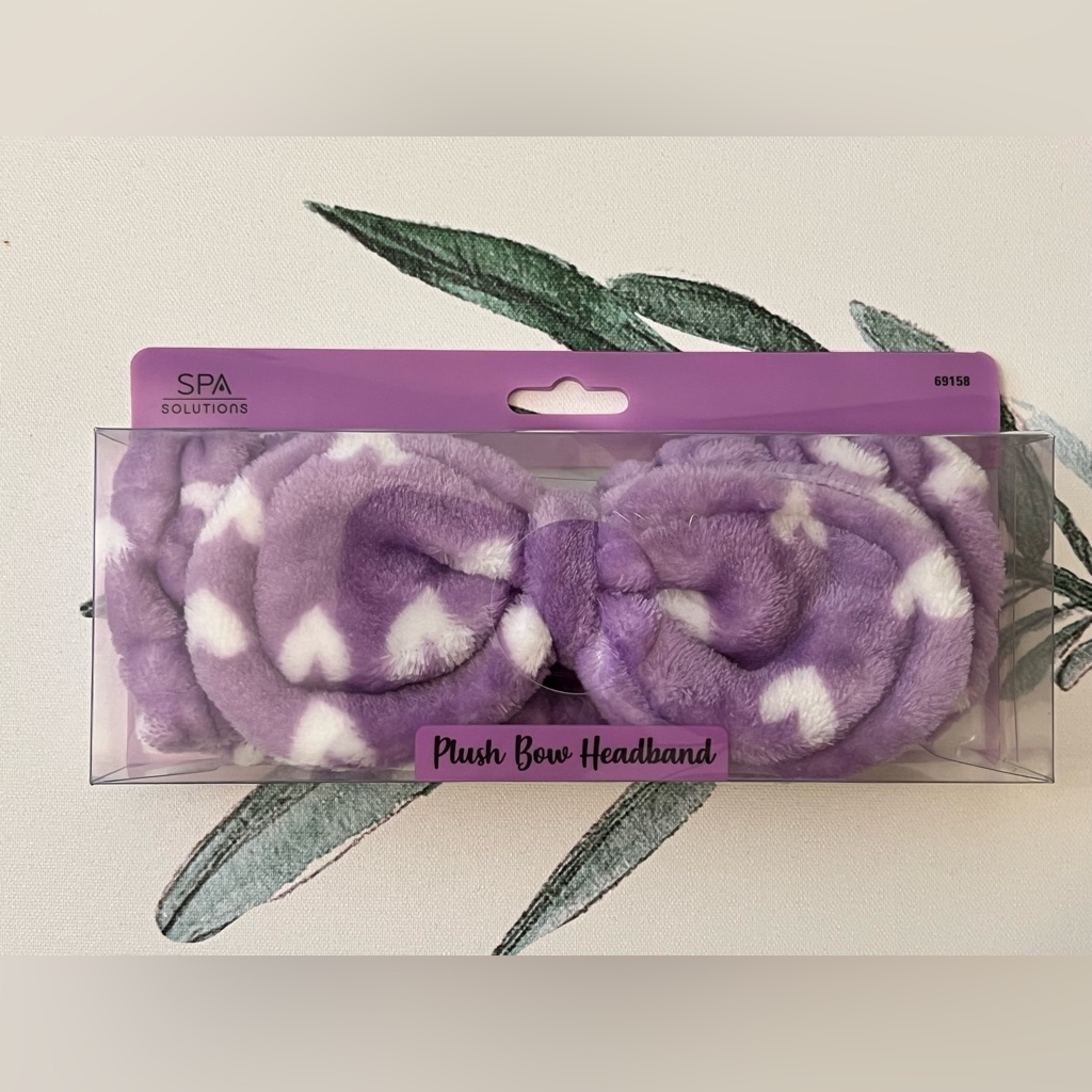 Spa Solutions Plush Bow Headband Purple White Hearts Brand New